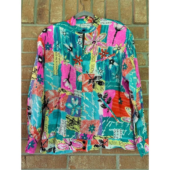 Diane Gilman Womens Multicolor Floral Patchwork Button-Up Silk Jacket - Picture 2 of 12